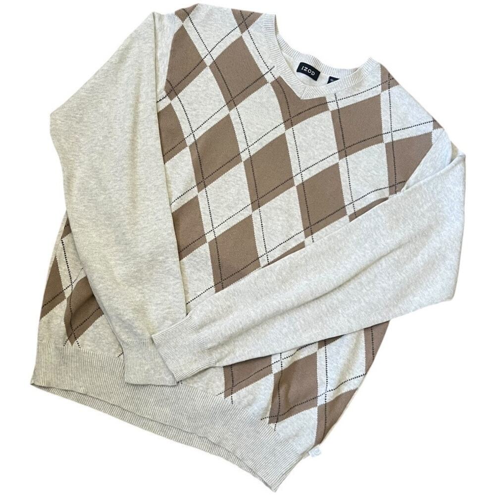 Y2K Vintage IZOD Argyle Sweater Size M Men VNeck Gray Tan Cotton Academia Preppy